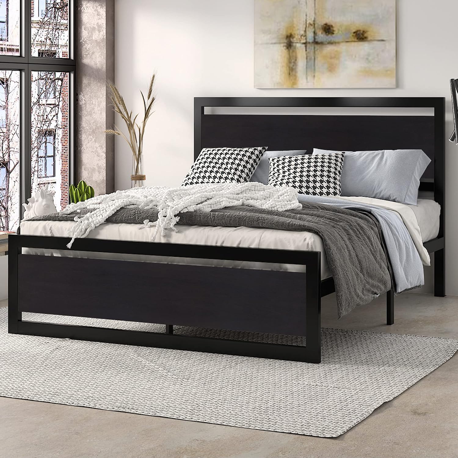 Sha Cerlin Heavy Duty Queen Size Bed Frame With Modern Headboard, Black