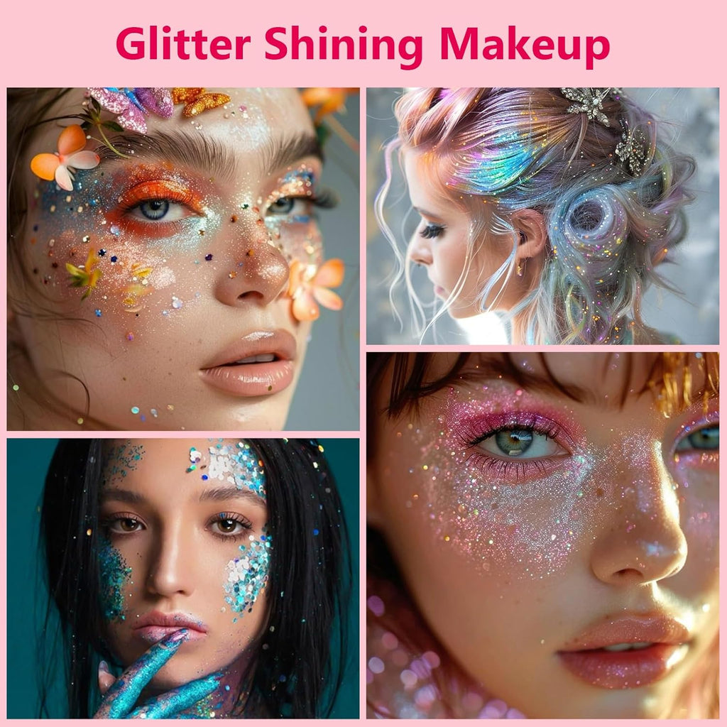 10 Colors Body Glitter,Face Glitter Makeup for Kids Women,Sparkly Chunky Hair Glitter for Eye Lip Hair Nails,Mardi Gras Glitter Makeup Face Paint,Singer Concerts Disco Rave Festival Accessories