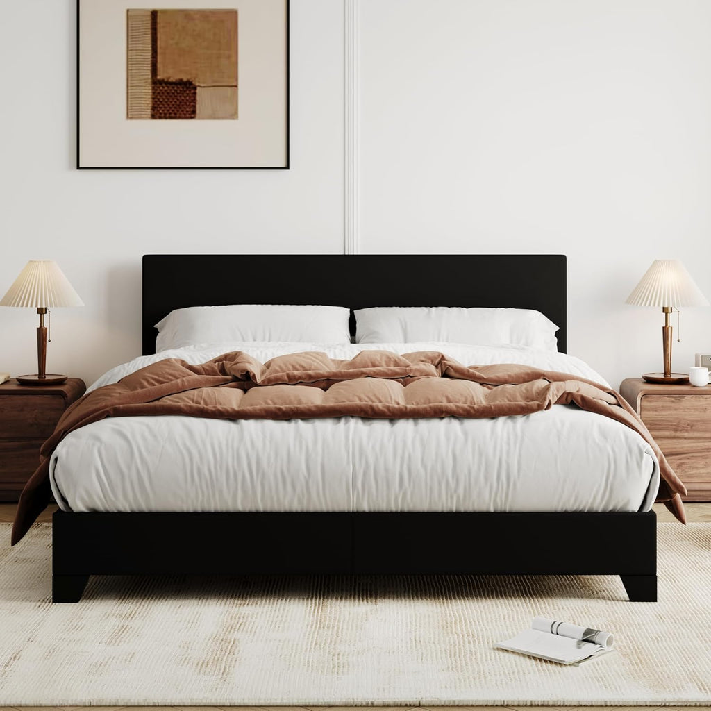 Allewie Queen Size Faux Leather Bed Frame, Adjustable Headboard, Black