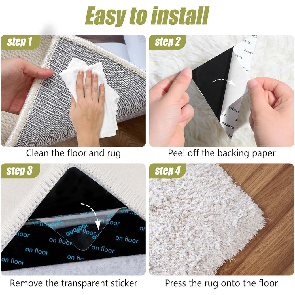 12 Pcs Rug Tape, Non Slip Carpet Tape for Hardwood Floors, Double-Sided Adhesive Rug Stickers Keep Corners Flat, No Residue/BPA-Free