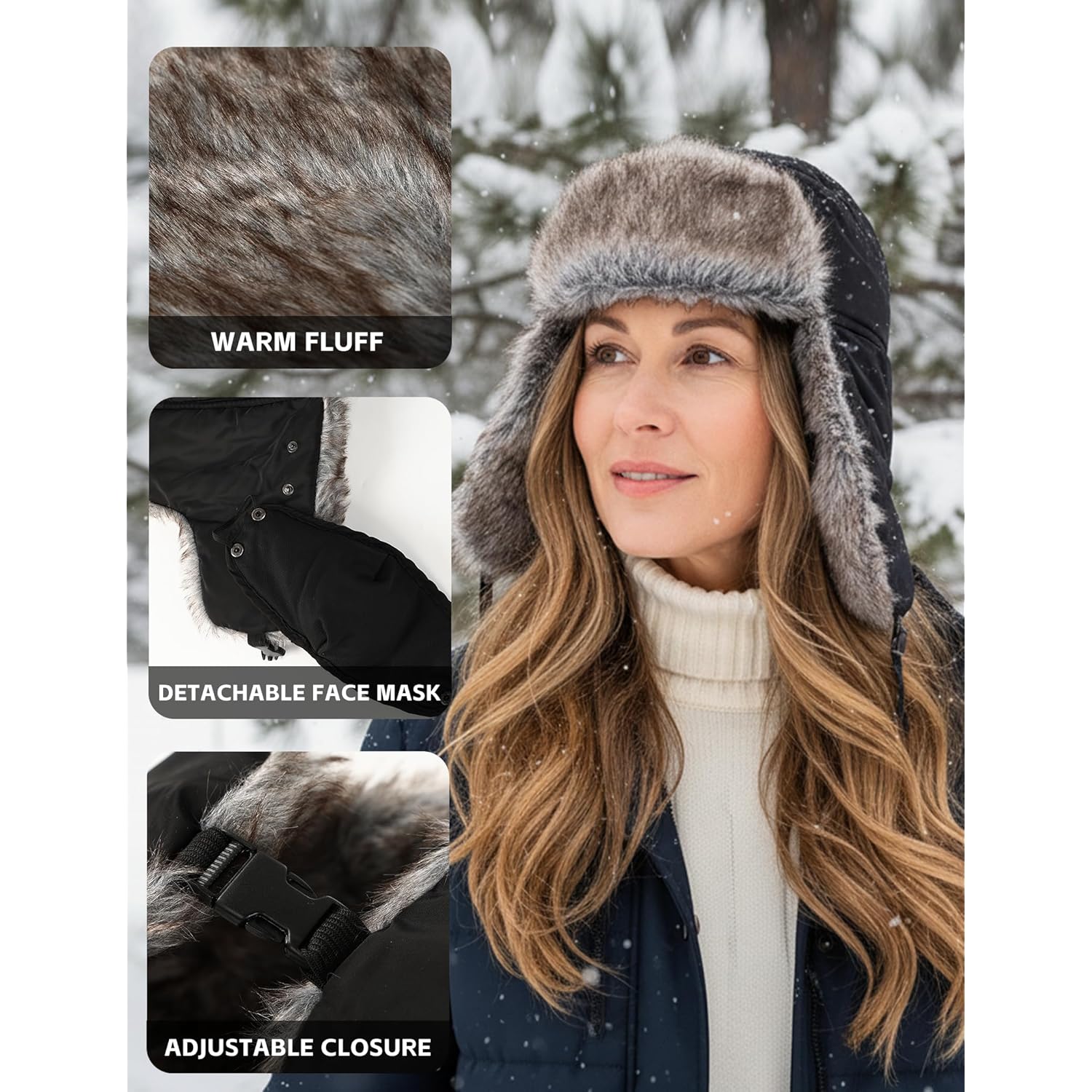 Buauty Fur Trapper Hat for Men Women Winter Windproof Soft Russian Ushanka Hats with Warm Ear Flaps & Removable Mask