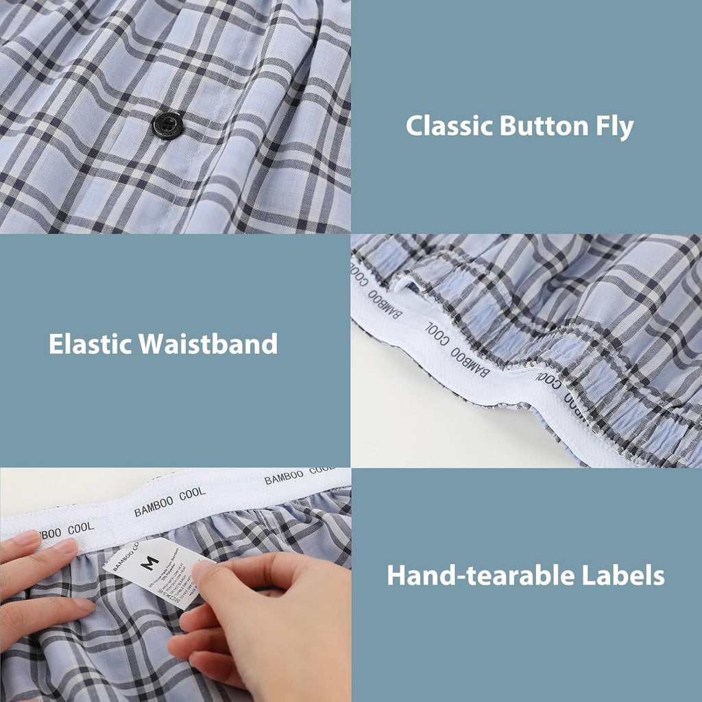 Bamboo Cool Men'S Underwear Woven Boxer Shorts,Classic Relaxed Fit,Lightweight Plaid Boxers,6 Pack