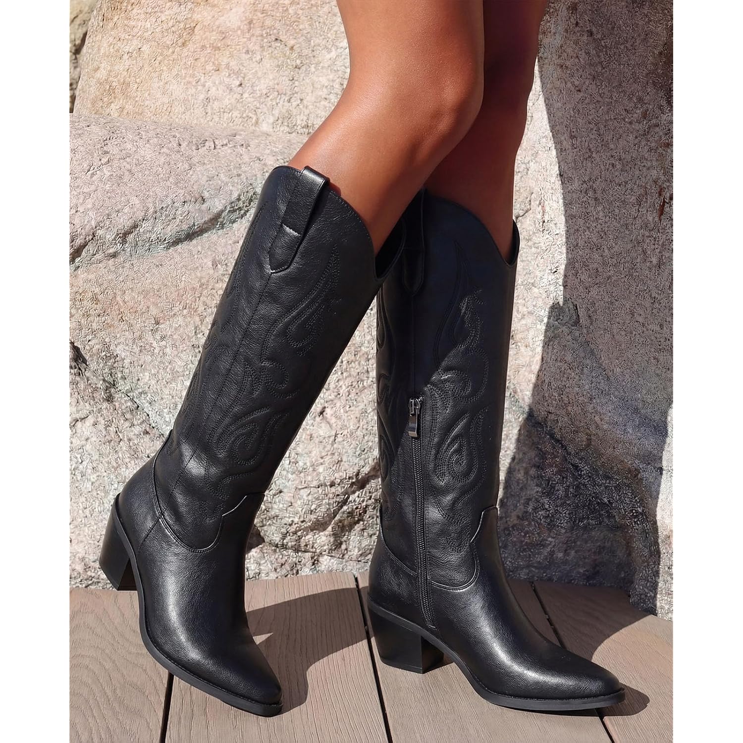 Western Cowboy Boots For Women - Knee High Wide Calf Cowgirl Boots, Slip On Pointed Toe Chunky Heel Fashion Retro Classic Pull On Tall Boot For Ladies Party Concert