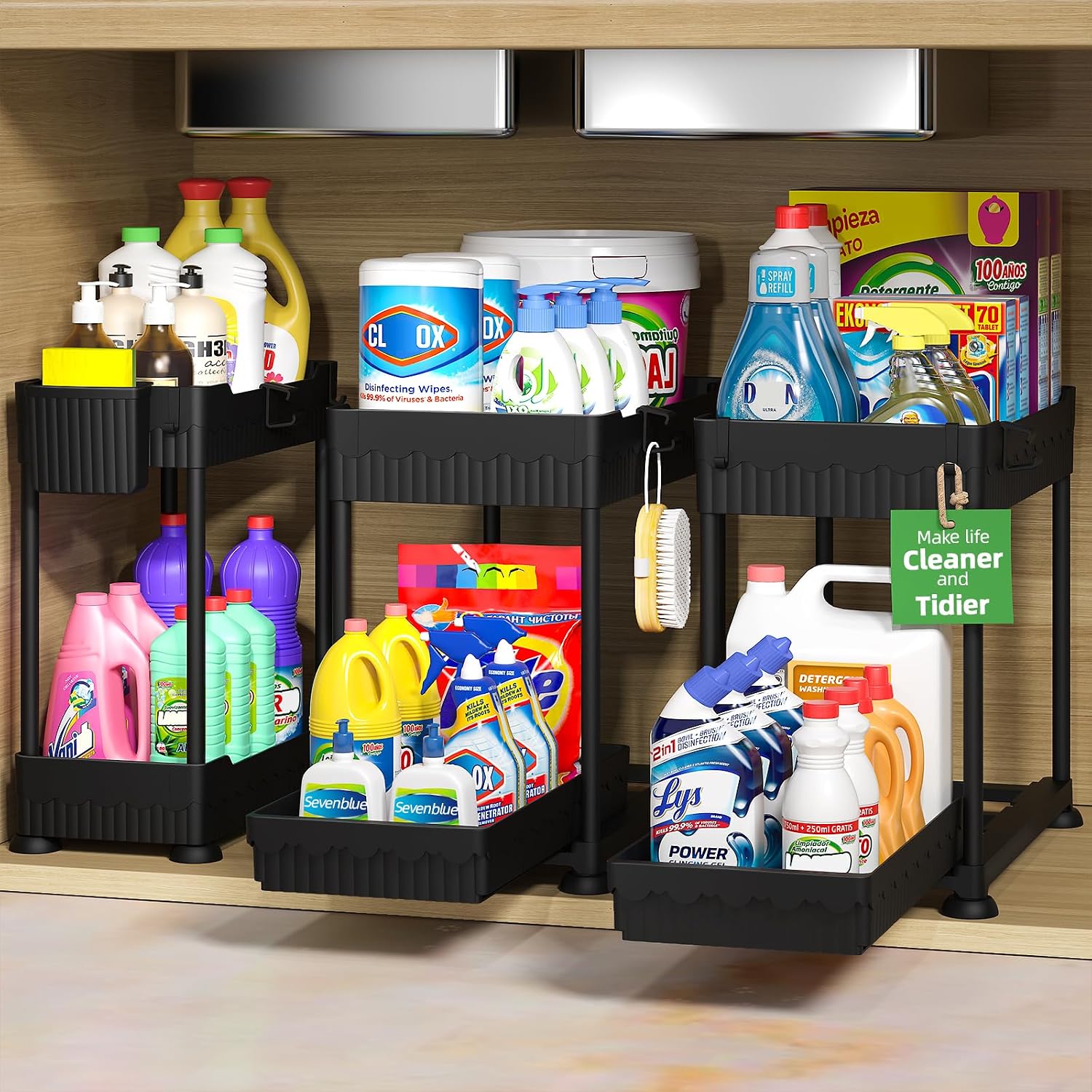 3-Pack 2-Tier Under Sink Organizers With Sliding Drawers | Multi-Use Kitchen & Bathroom Storage, 12.8 Inch Black Cabinet Organizer, Space-Saving Sliding Drawer Design.