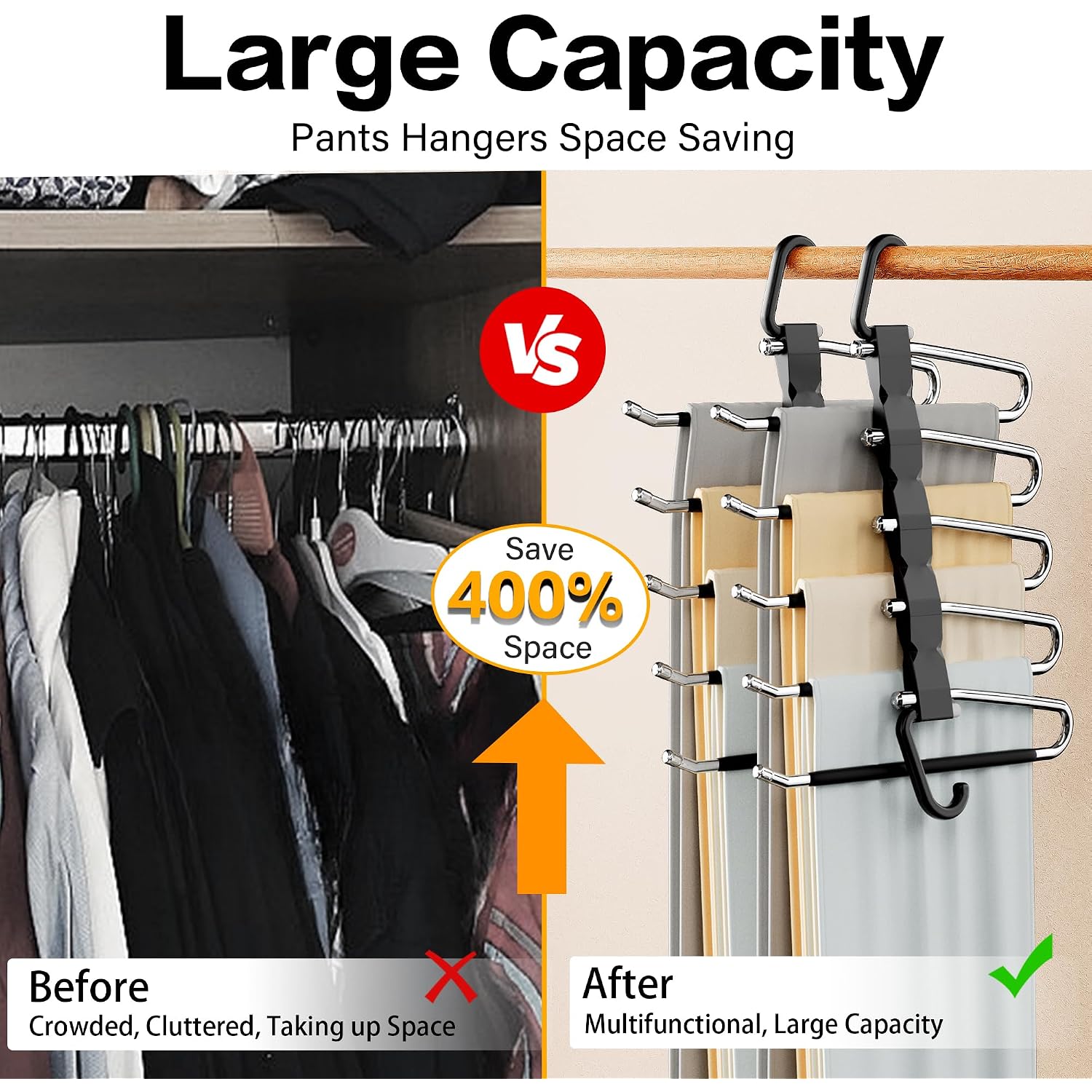 Pants Hangers Space Saving - 2 Pack Closet Organizer And Storage Jean Hangers, Stainless Steel Anti-Slip Clothes Hanger Scarf Holder For Pants Jeans Leggings Trousers Pant Rack, Black