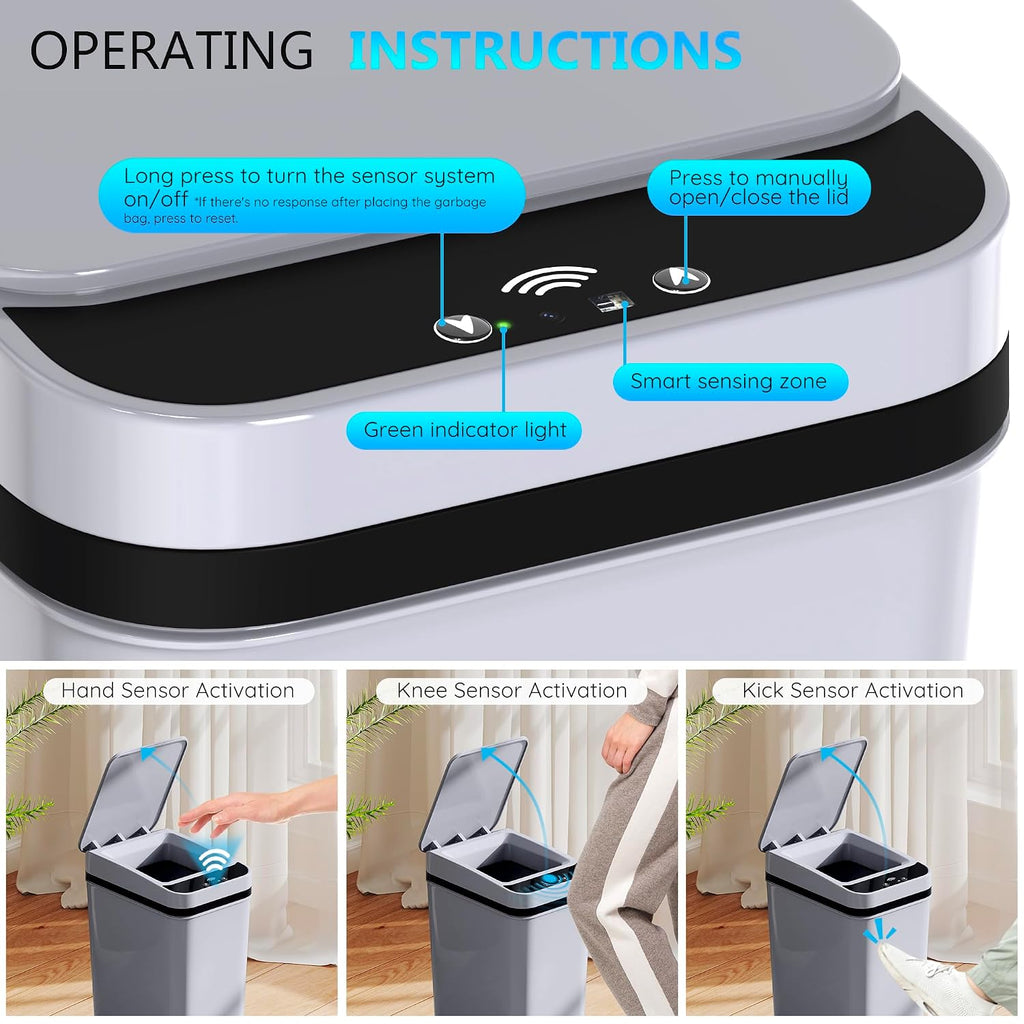 3Pack Bathroom Small Trash Can With Lid, 2.6 Gallon Touchless Automatic Garbage Can Slim Waterproof Motion Sensor Smart Trash Bin For Bedroom, Office, Living Room White/Black/Grey
