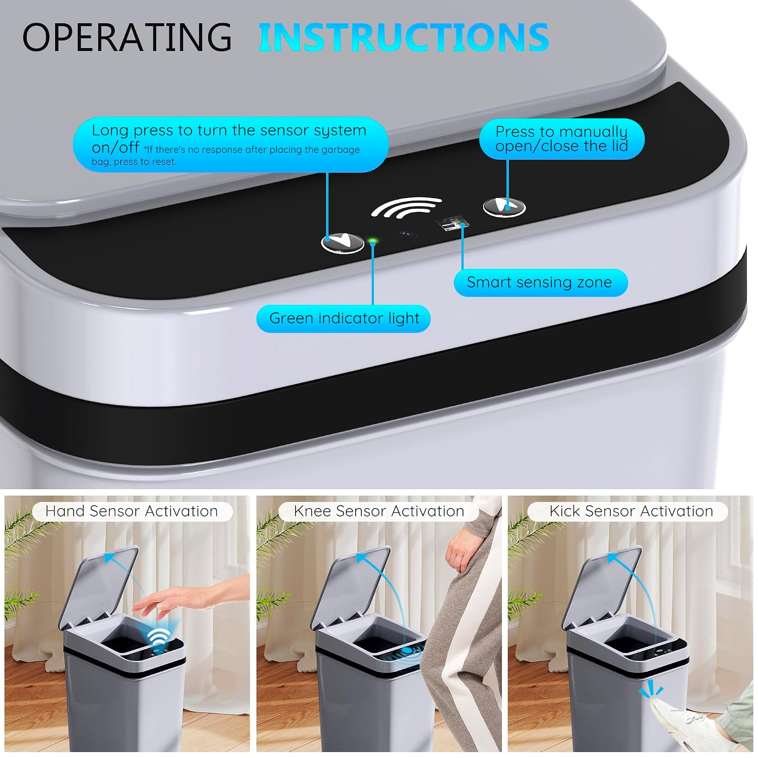 3Pack Bathroom Small Trash Can With Lid, 2.6 Gallon Touchless Automatic Garbage Can Slim Waterproof Motion Sensor Smart Trash Bin For Bedroom, Office, Living Room White/Black/Grey