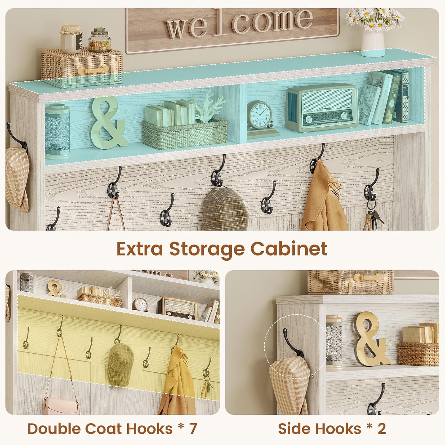 Itaar Hall Tree with Bench and Shoe Storage, 5-in-1 Entryway Bench with Coat Rack, 10 Shoe Cubbies & 9 Coat Hooks, Barn Door & Adjustable Shelf (Embossed White)