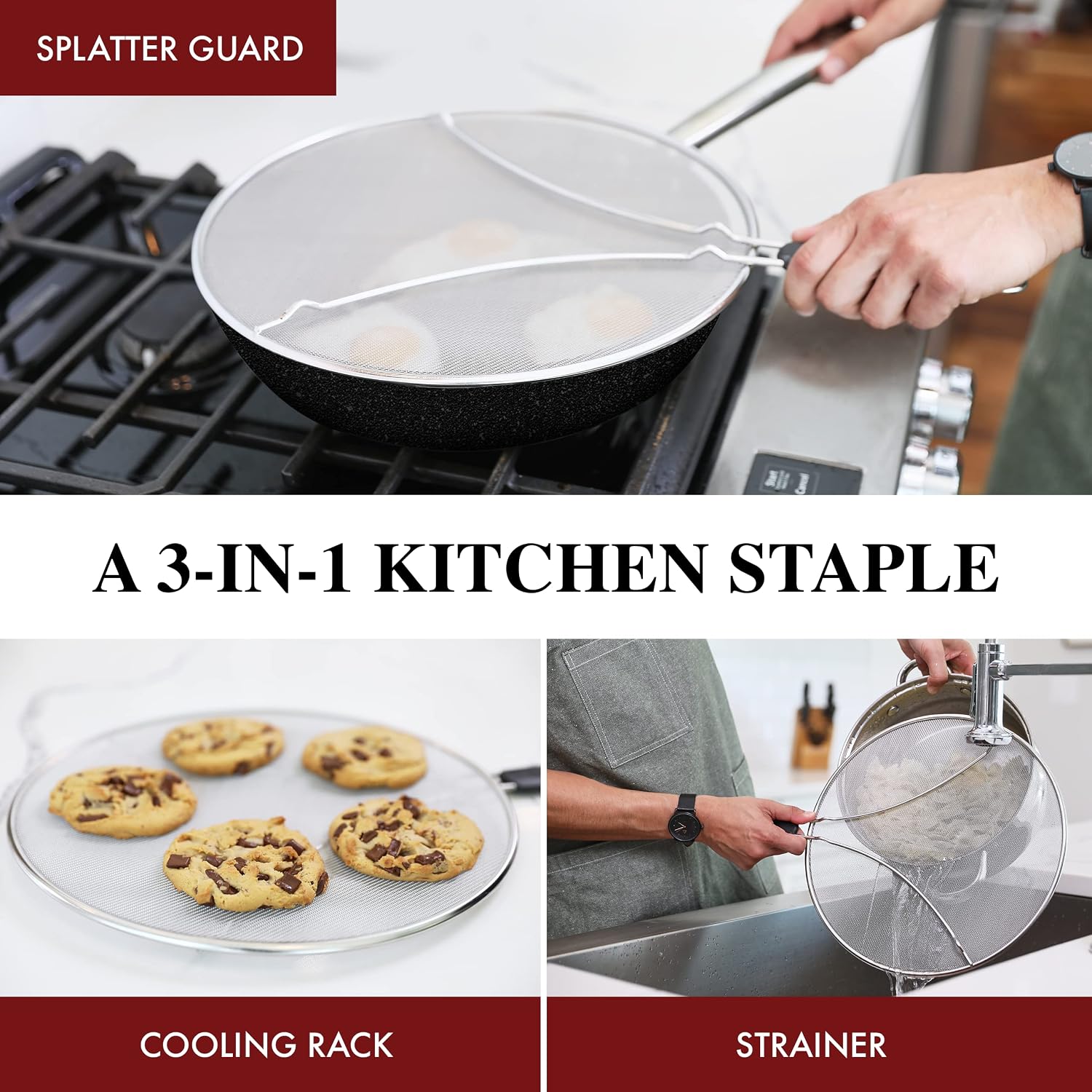 Splatter Screen For Frying Pan - 13 Inch Stainless Steel Grease Splatter Guard - Cover Oil Splash When Sizzling Bacon, Cooking Fried Chicken Or Popcorn