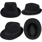 Unisex Classic 20s Trilby Fedora-Hat Casual Manhattan Short-Brim Structured Gangster Panama Felt Jazz Cap Black