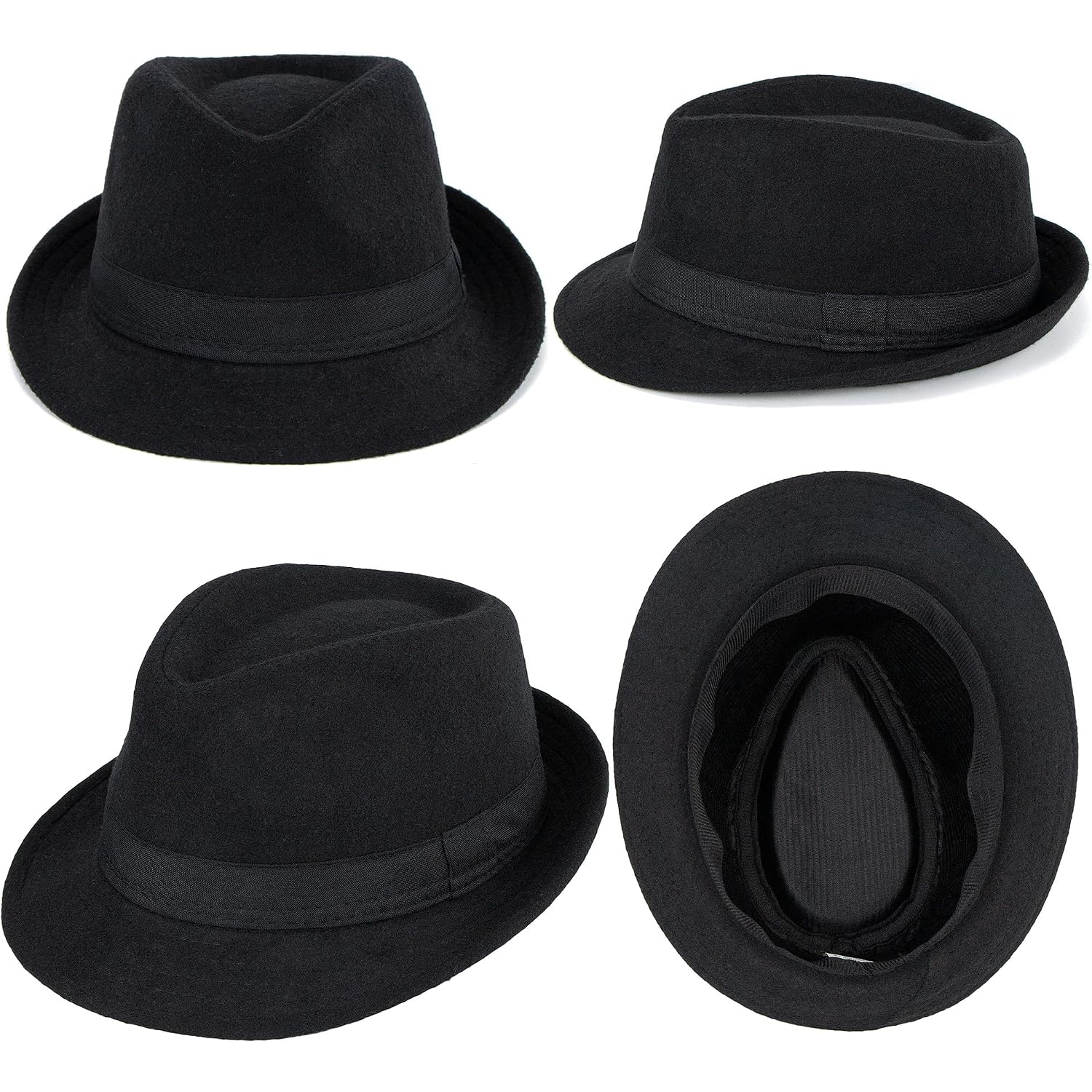 Unisex Classic 20s Trilby Fedora-Hat Casual Manhattan Short-Brim Structured Gangster Panama Felt Jazz Cap Black