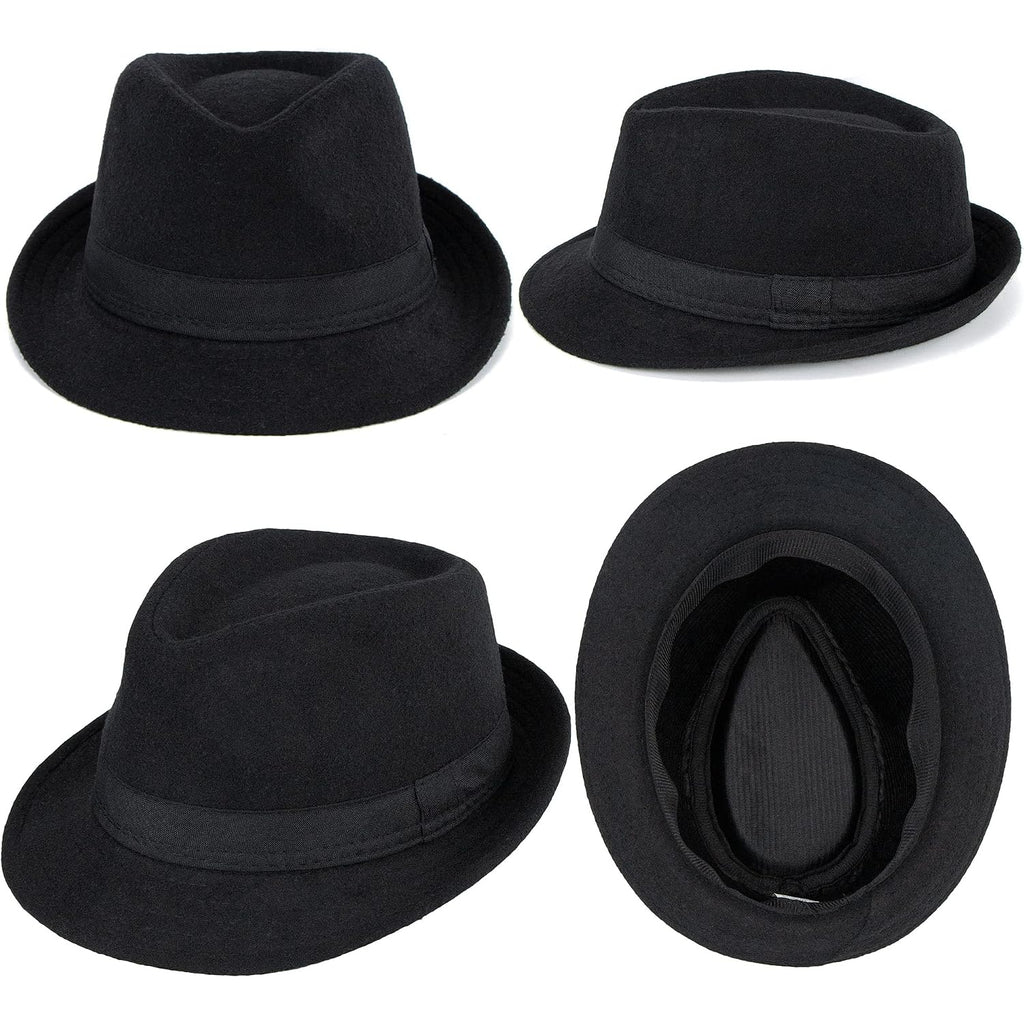 Unisex Classic 20s Trilby Fedora-Hat Casual Manhattan Short-Brim Structured Gangster Panama Felt Jazz Cap Black