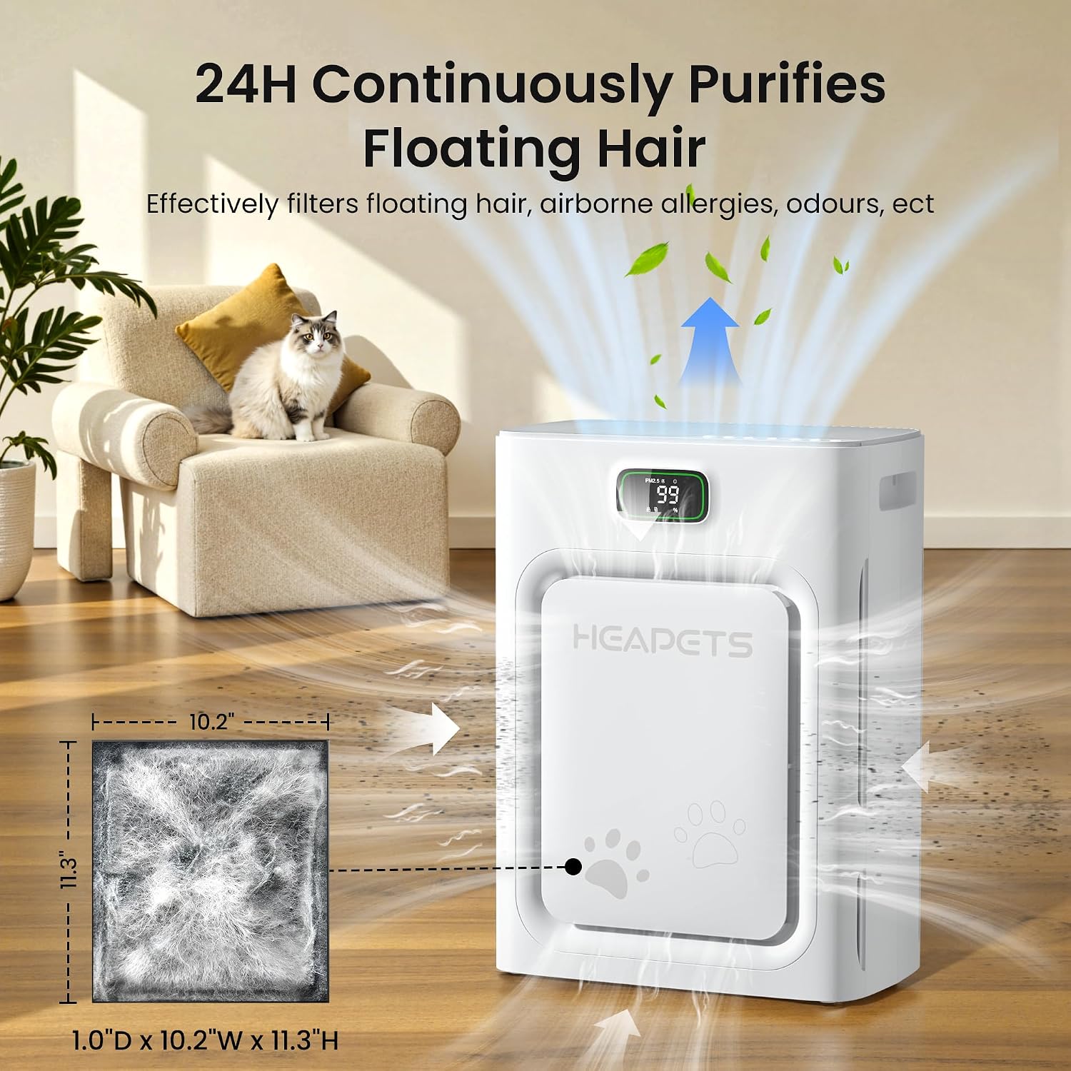 Pet Air Purifier For Home Large Room 2500 Sq Ft, H13 Hepa Washable Double-Sided Filter,Air Cleaner For Pet Hair Dander Odor Allergies Pollutant Smoke Dust,Pm2.5 Air Quality Monitor,Auto Mode,P358 Grey