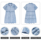 Grapent Denim Dress For Women Babydoll Tiered Short Sleeve Button Down Jean Shirt Dresses