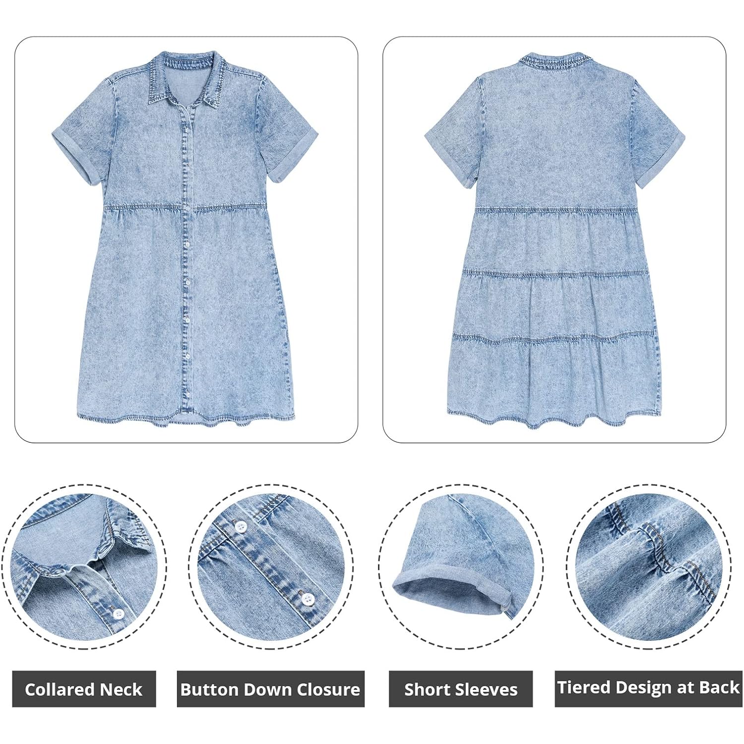 Grapent Denim Dress For Women Babydoll Tiered Short Sleeve Button Down Jean Shirt Dresses