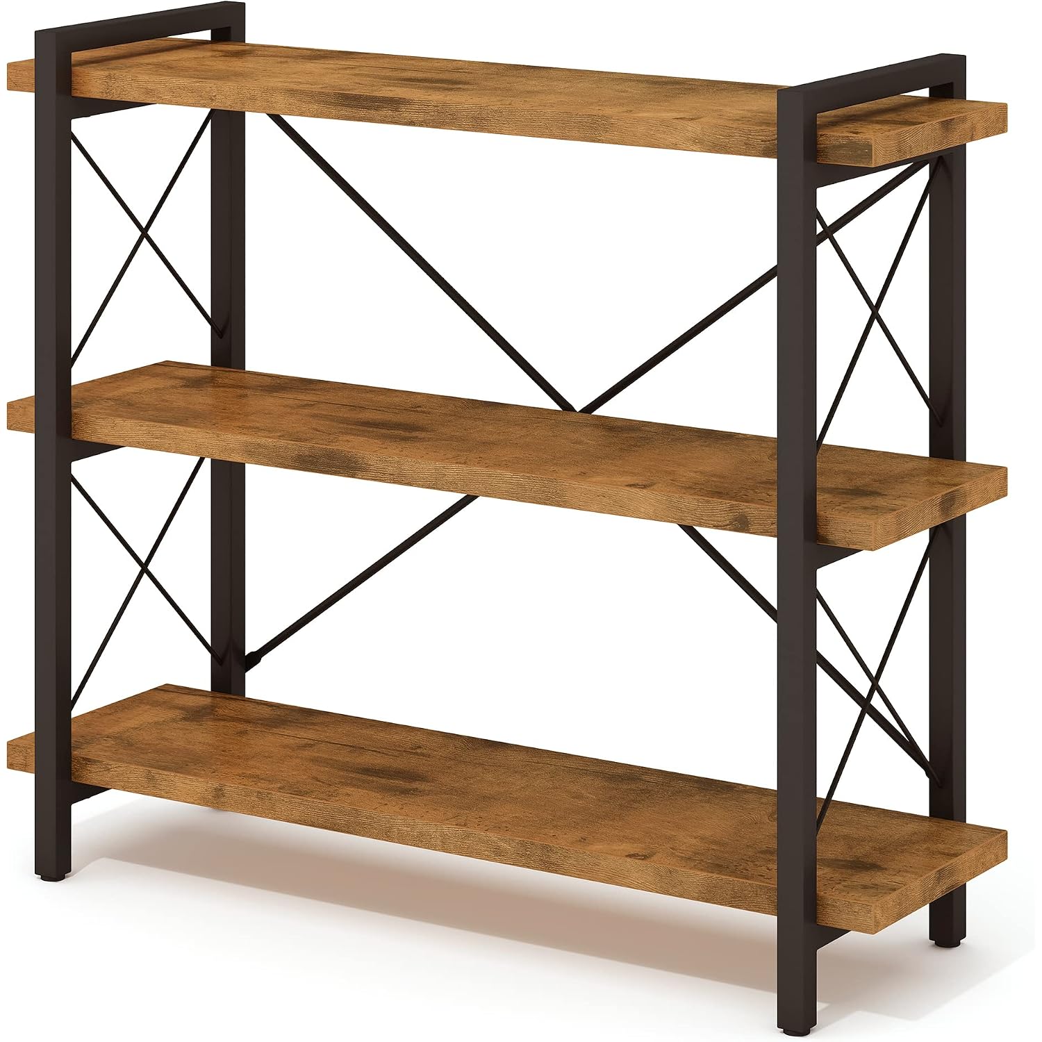 Hchqhs 3-Tier Industrial Bookshelf, 35" W X 12" D X 35" H | 1.2" Shelf Thickness, 14.17" Shelf Height, Wood And Metal, Horizontal, Rustic Brown, For Office Living Room Bedroom