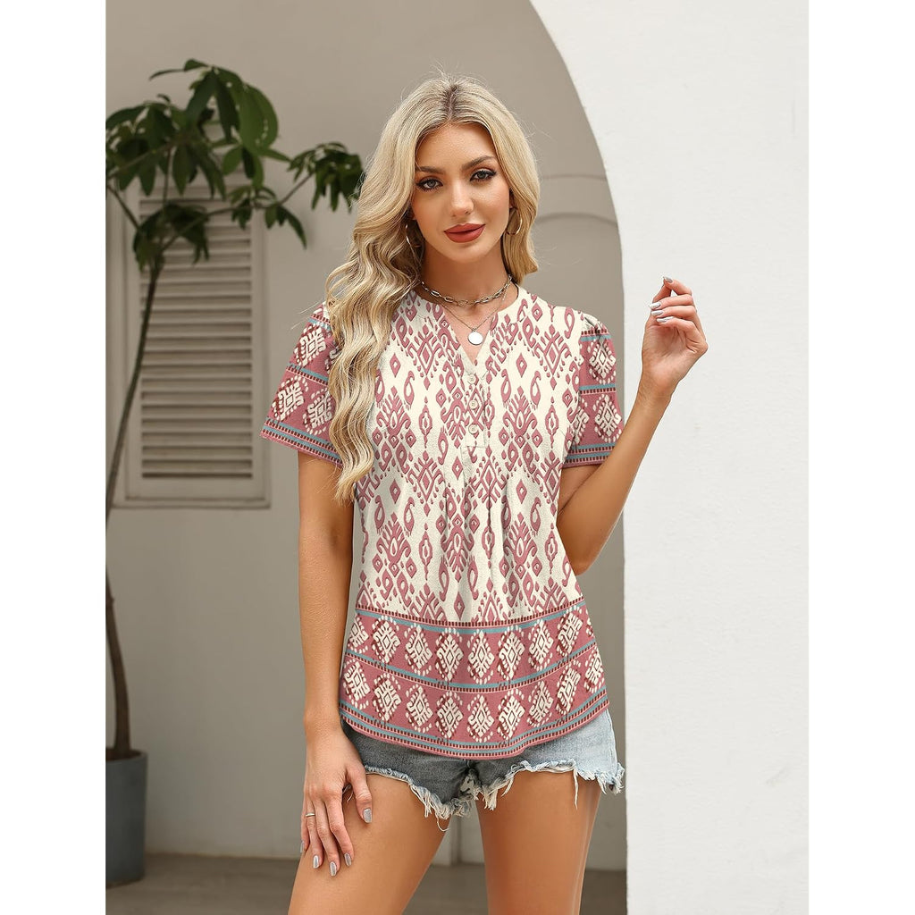 Lomon Womens Summer Tops Boho V Neck Pleated Blouses Dressy Casual Short Sleeve Shirts Vacation Outfits