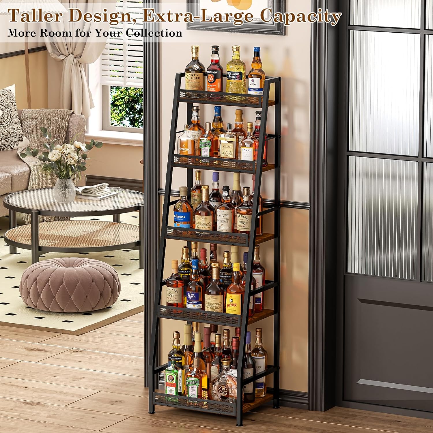 5-Tier Trapezoid Liquor Stand For Home Bar, Large-Capacity Liquor Cabinet Bar For Home, Stepped Wine Rack Freestanding Floor For Whiskey, Corner Wine Bottle Display Shelf With Fences For Living Room