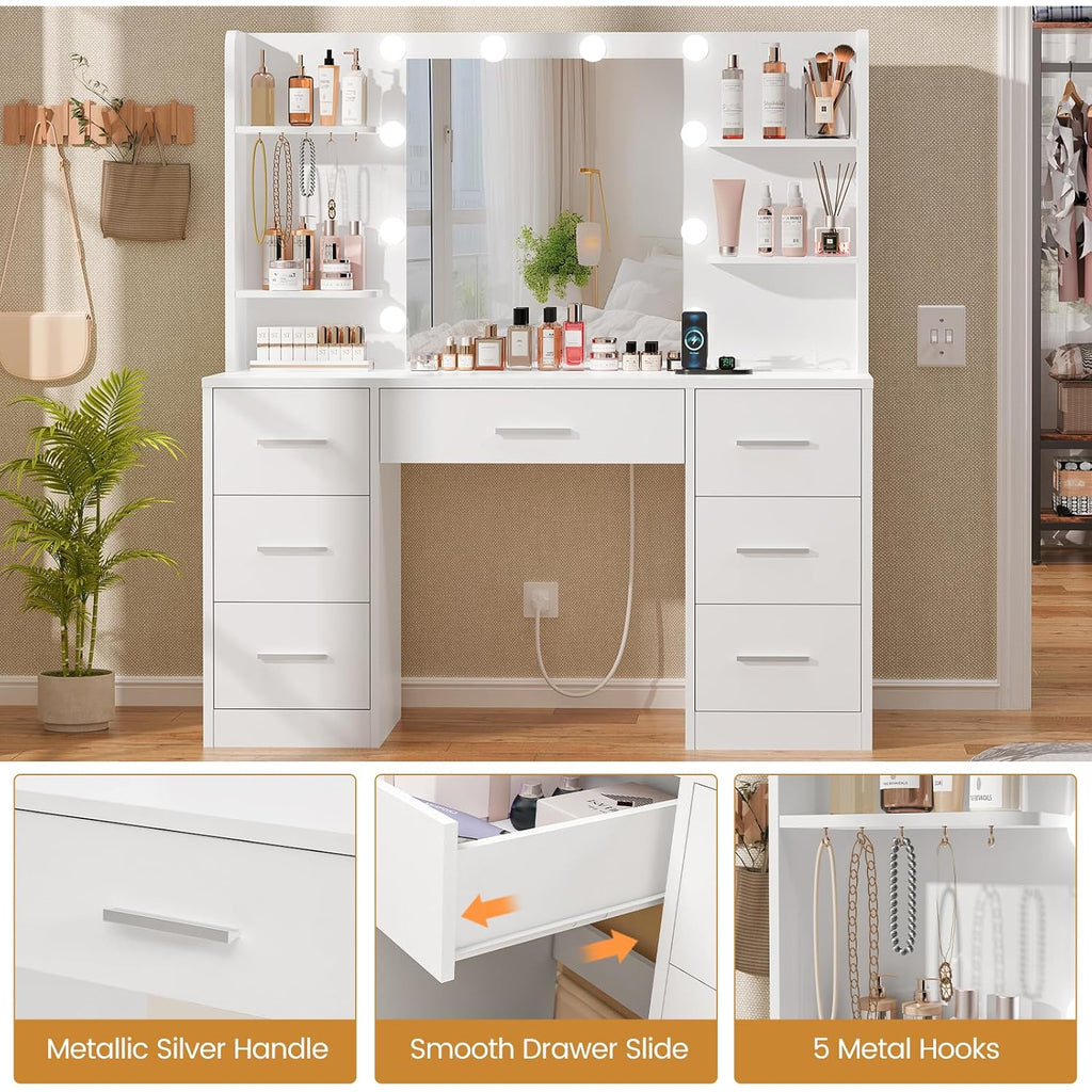 Quimoo Large Vanity Desk with LED Lighted Mirror & Power Outlet,Makeup Vanity Table with 7 Drawers,4 Shelves and 5 Hooks,Vanity Table, Vanity Desk Set for Bedroom,Bathroom,White