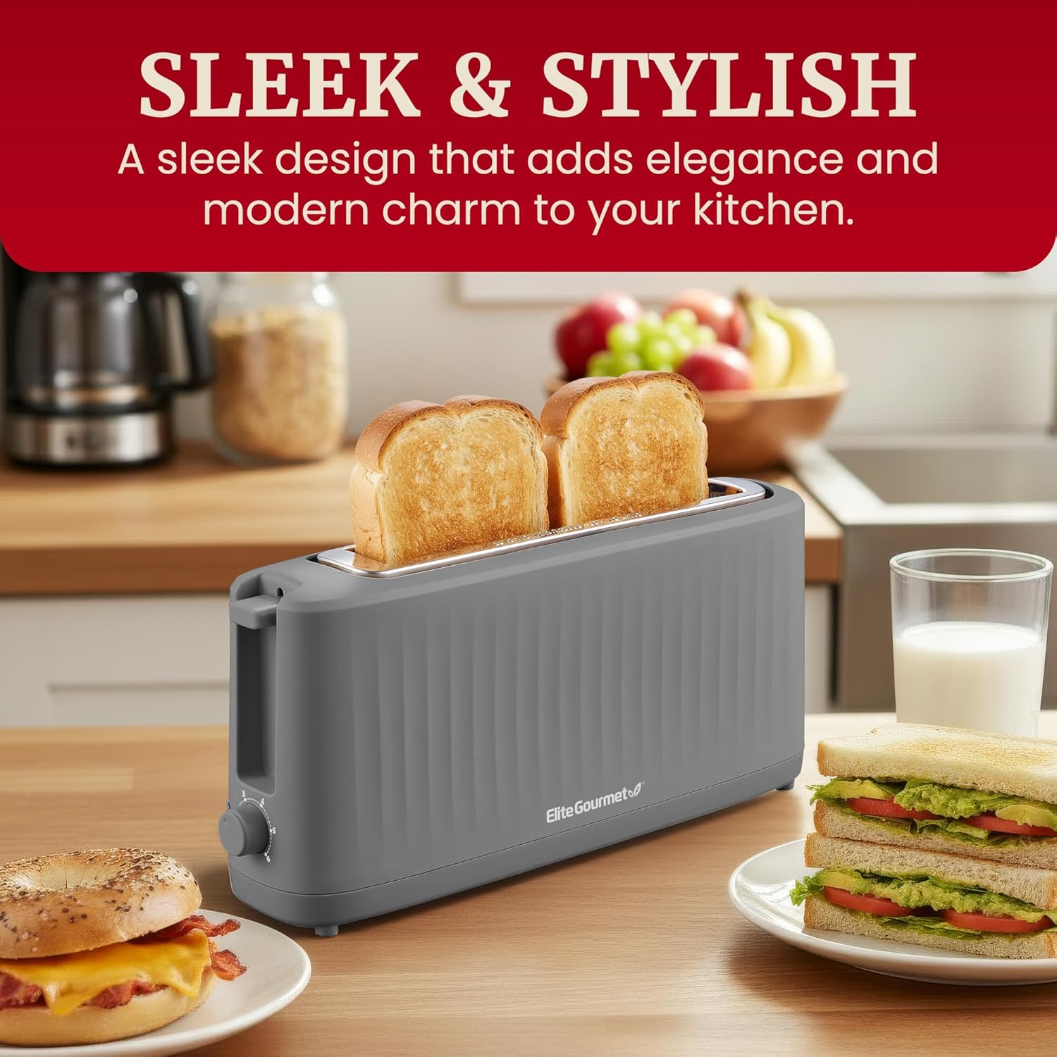 Elite Gourmet ECT2517G SLIMTOAST™ 2-Slice Long Slot Toaster, Cool-Touch Body, 6 Browning Shades, Extra-Wide 1.5" Slot for Artisan Bread, Bagels, Waffles & English Muffins, Grey
