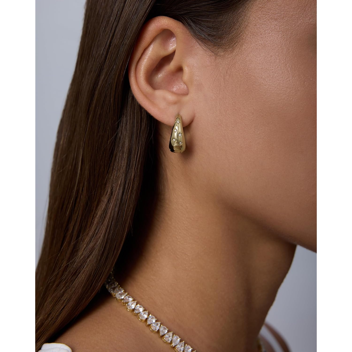 PAVOI Waterproof Gold Hoop Earrings for Women - 14K Gold Plated Chunky Huggie Hoop Earrings with Cubic Zirconia Starburst - Stainless Steel Trendy Summer Fashion Jewelry