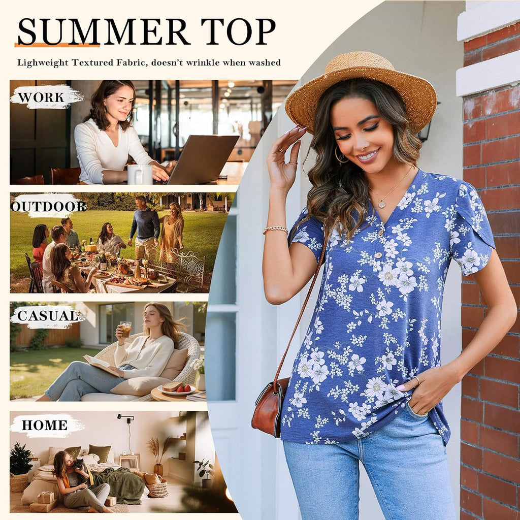 2026 Women's Summer Henley V-Neck Button Up Tunic Top Petal Sleeve Comfy Blouse Casual T-Shirt Sizes M-3XL
