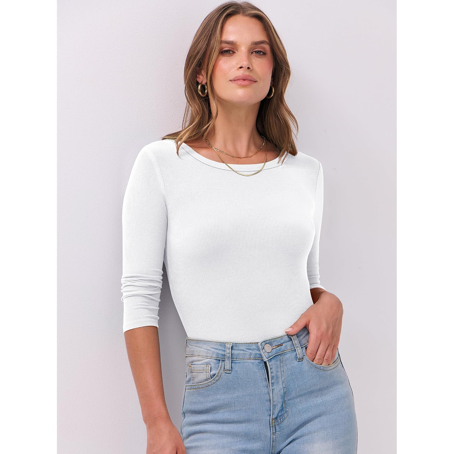 Anrabess Womens 3/4 Long Sleeve Tops Ribbed Knit Slim Fitted Shirts Basic Tee Fall Outfits 2026 Fashion Y2K Clothes