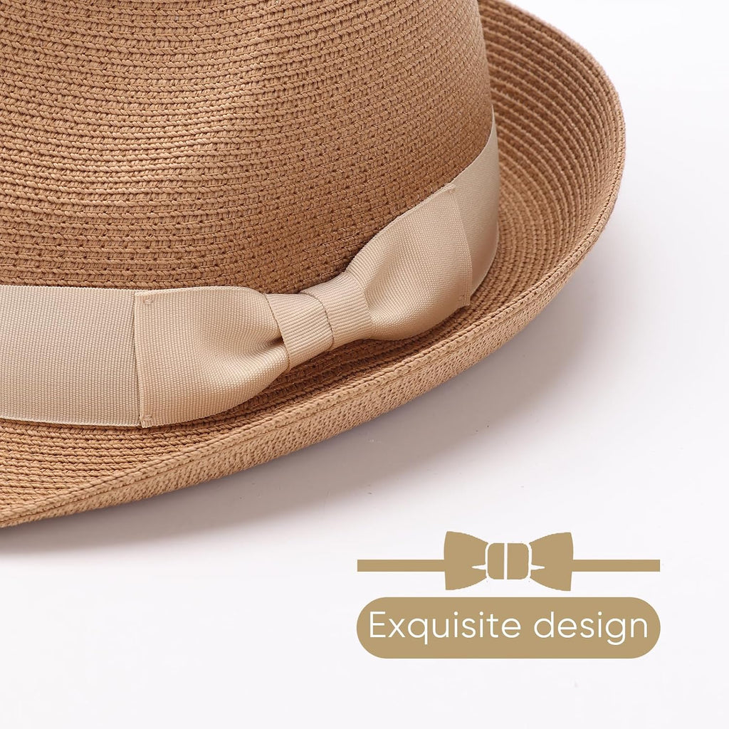 DRESHOW Women Straw Sun Hat Short Brim Panama Travel Fedora Beach Cap Roll up Summer Hat for Women Men UPF 50+ 1 Pack With Beige Band: Khaki