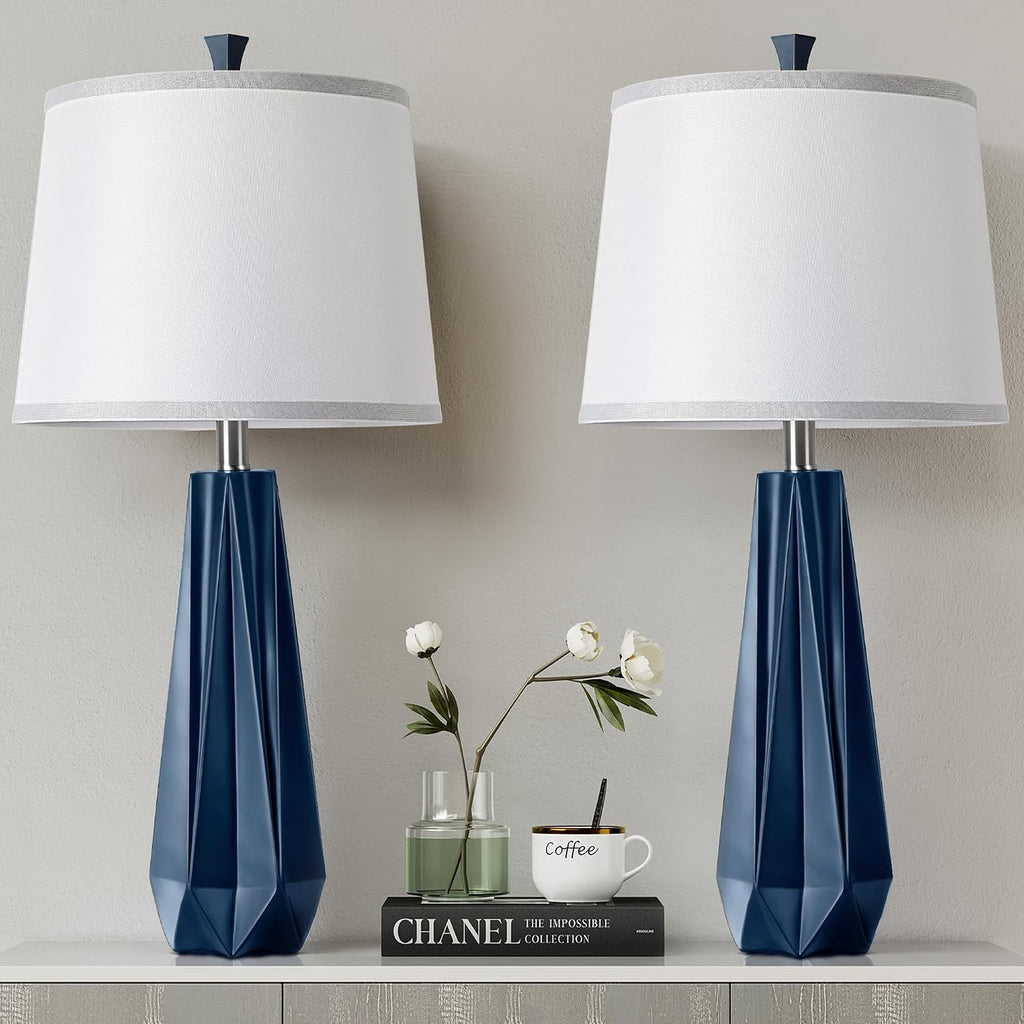 27'' Navy Blue Resin Table Lamps, Desk Lamps With 3 Color Temperature | Prism-Shaped Lamp Body, Rotary Switch, E26 Base, With Linen Shade, Desk Lamps For Living Room, Bedroom, 2 Bulbs Included