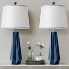 27'' Navy Blue Resin Table Lamps, Desk Lamps With 3 Color Temperature | Prism-Shaped Lamp Body, Rotary Switch, E26 Base, With Linen Shade, Desk Lamps For Living Room, Bedroom, 2 Bulbs Included