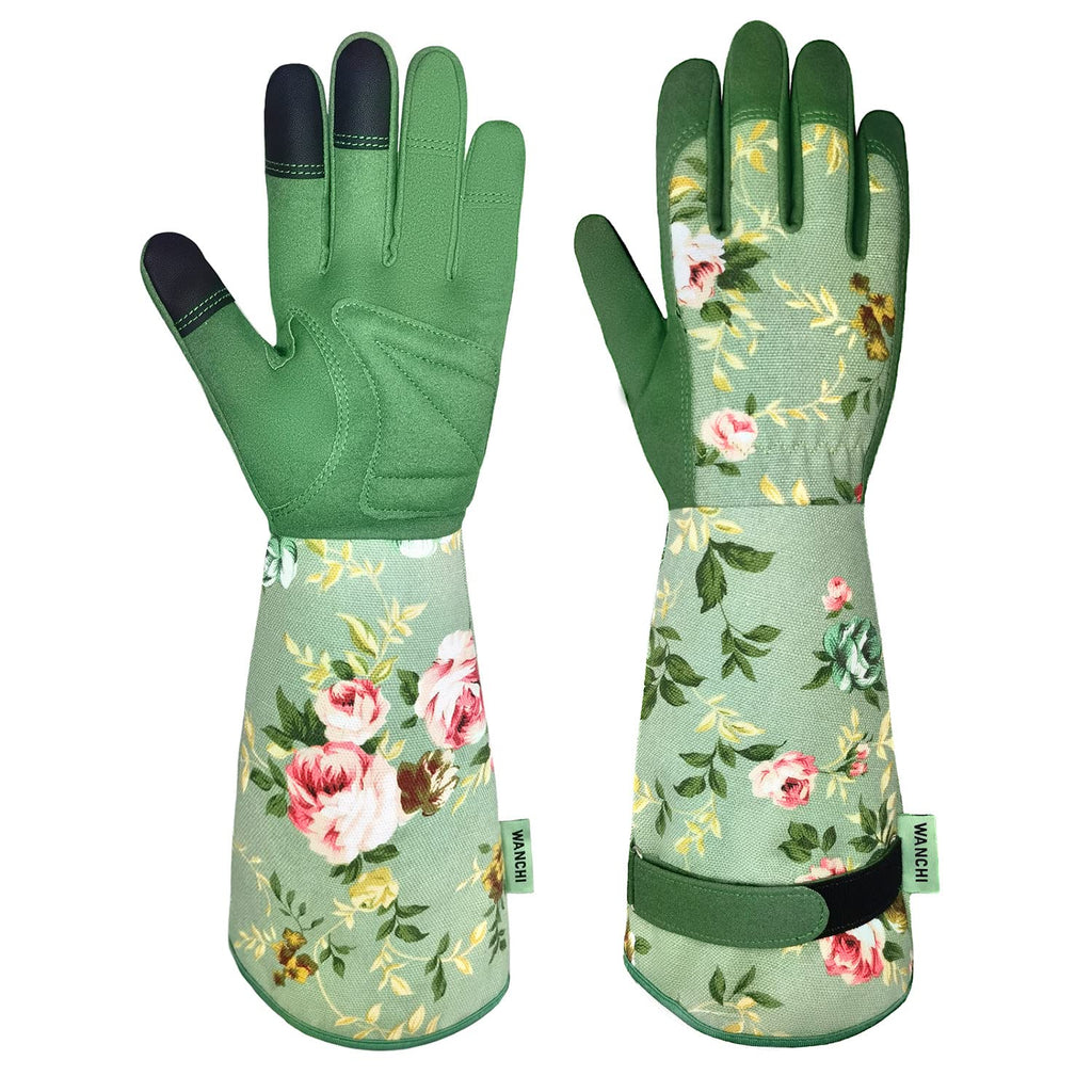 Wanchi Gardening Gloves, Durable And Comfortable Women'S Long Garden Gloves For Gardening Work And Yard Work, Leather Gardening Gloves For Women, Green Print (Medium)