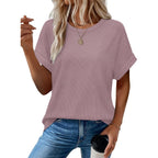 Sampeel Summer Tops For Women 2026 Trendy Rolled Short Sleeve Shirts Waffle Knit Crew Neck Tops Curved Hem Fashion Clothing