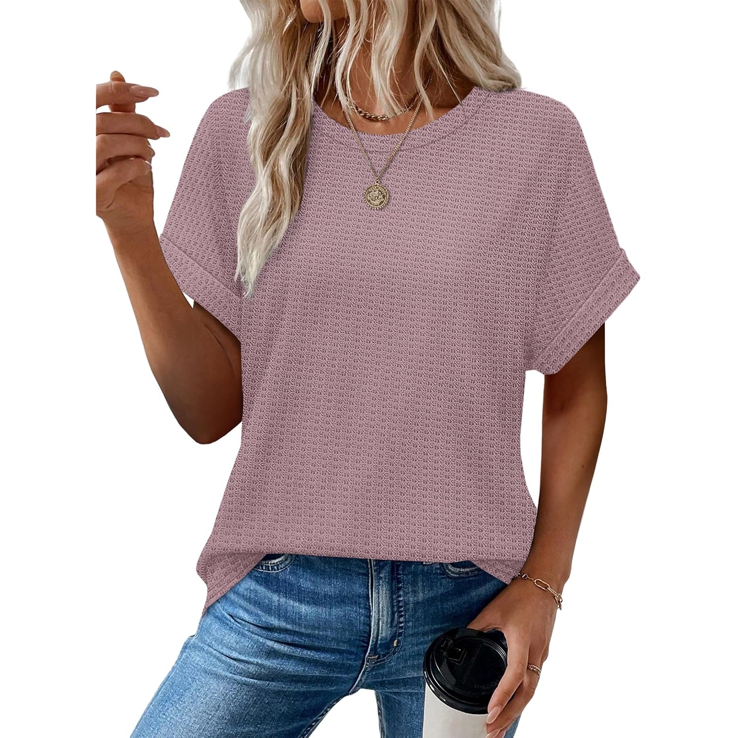 Sampeel Summer Tops For Women 2026 Trendy Rolled Short Sleeve Shirts Waffle Knit Crew Neck Tops Curved Hem Fashion Clothing