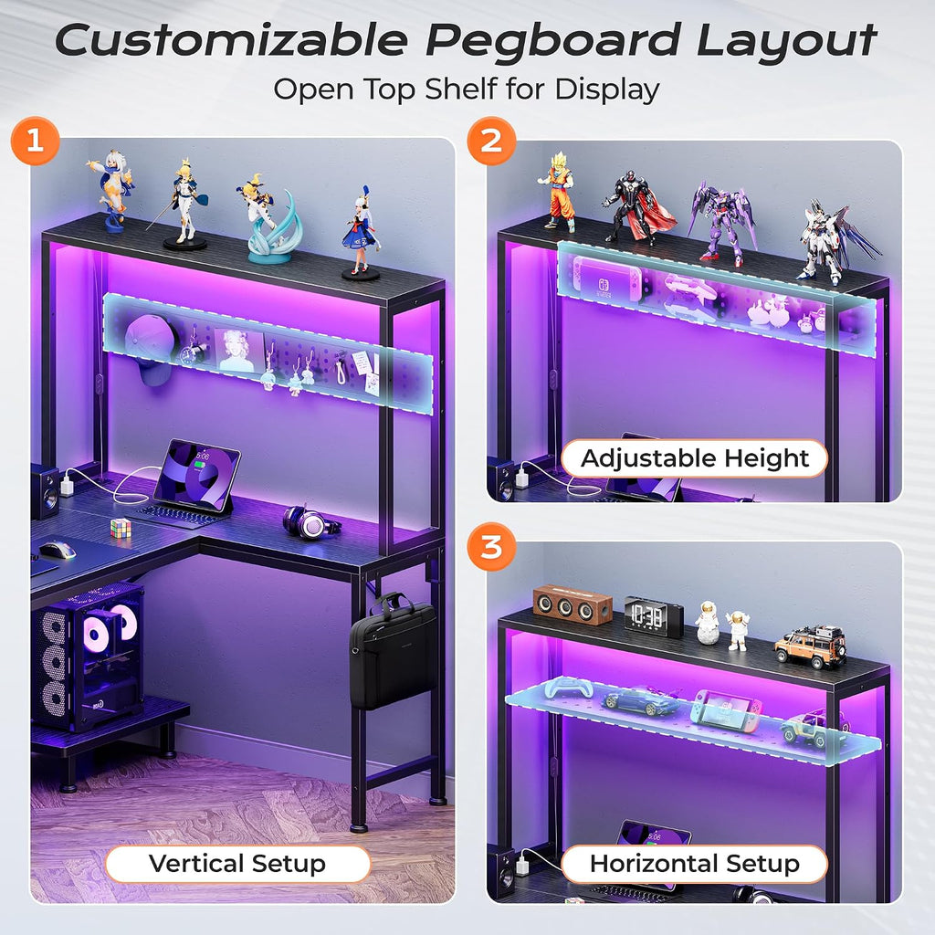 L Shaped Gaming Desk With Led Lights & Power Outlets, Reversible Computer Desk With Storage Shelves & Bag, Large Corner Home Office Desk With Pegboard For Work From Home, Black