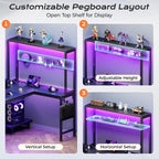 L Shaped Gaming Desk With Led Lights & Power Outlets, Reversible Computer Desk With Storage Shelves & Bag, Large Corner Home Office Desk With Pegboard For Work From Home, Black