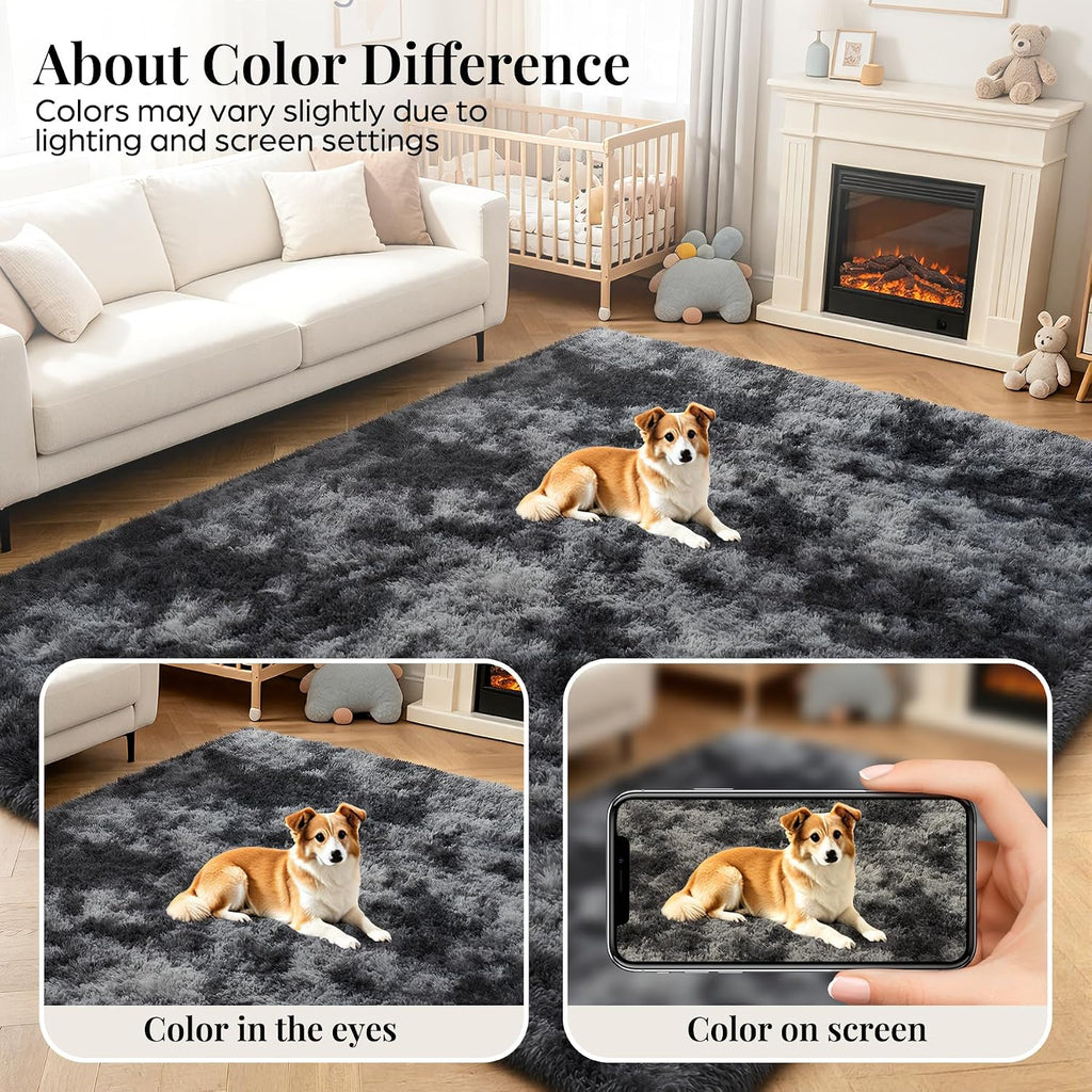 8X10 Area Rugs For Living Room Bedroom: Black Grey Soft Fluffy Shag Upgrade Non-Slip High Pile Carpet Large Fuzzy Plush Indoor Floor Decor Shaggy Rug For Kid Boys Girls Playroom Nursery Modern Home