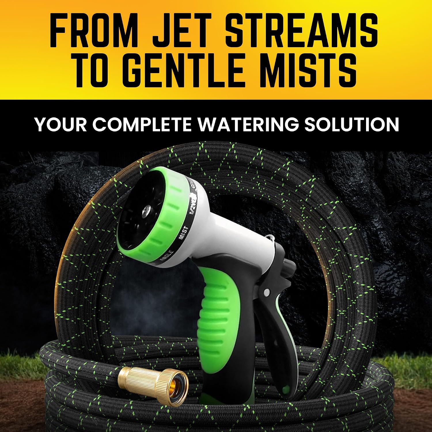 Garden Hose, Non-Expandable 25 Feet Premium Quality Stainless Steel Metal Water Hose With Durable Fabric Skin, Hose For Commercial, Residential Use, Bonus 10-Way Spray Nozzle (25 Ft, Black)