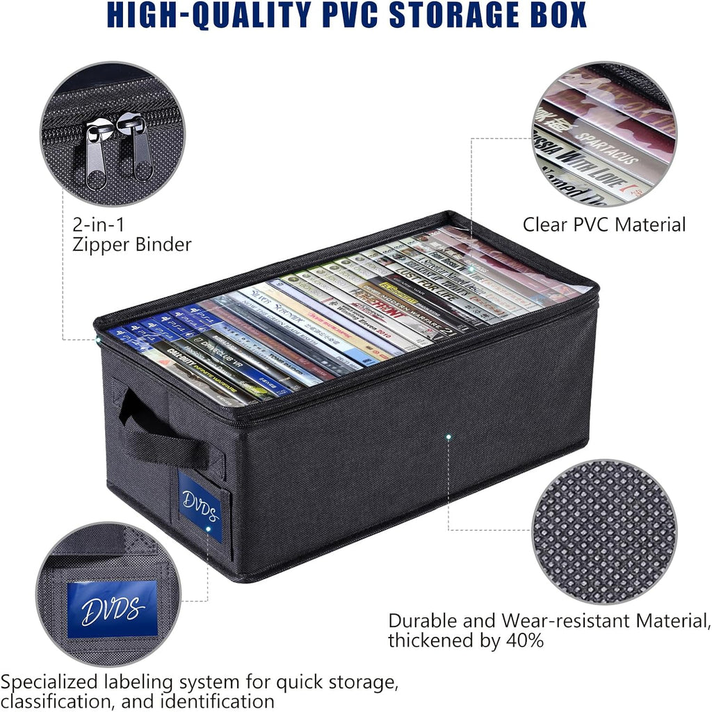 Ccidea Dvd Storage Box With Clear Window - 15.75" Foldable Media Organizer, Premium Zipper Closure, Holds 27+ Dvds, Dustproof Non-Woven Fabric, Reinforced Handles & Label Slot (2)