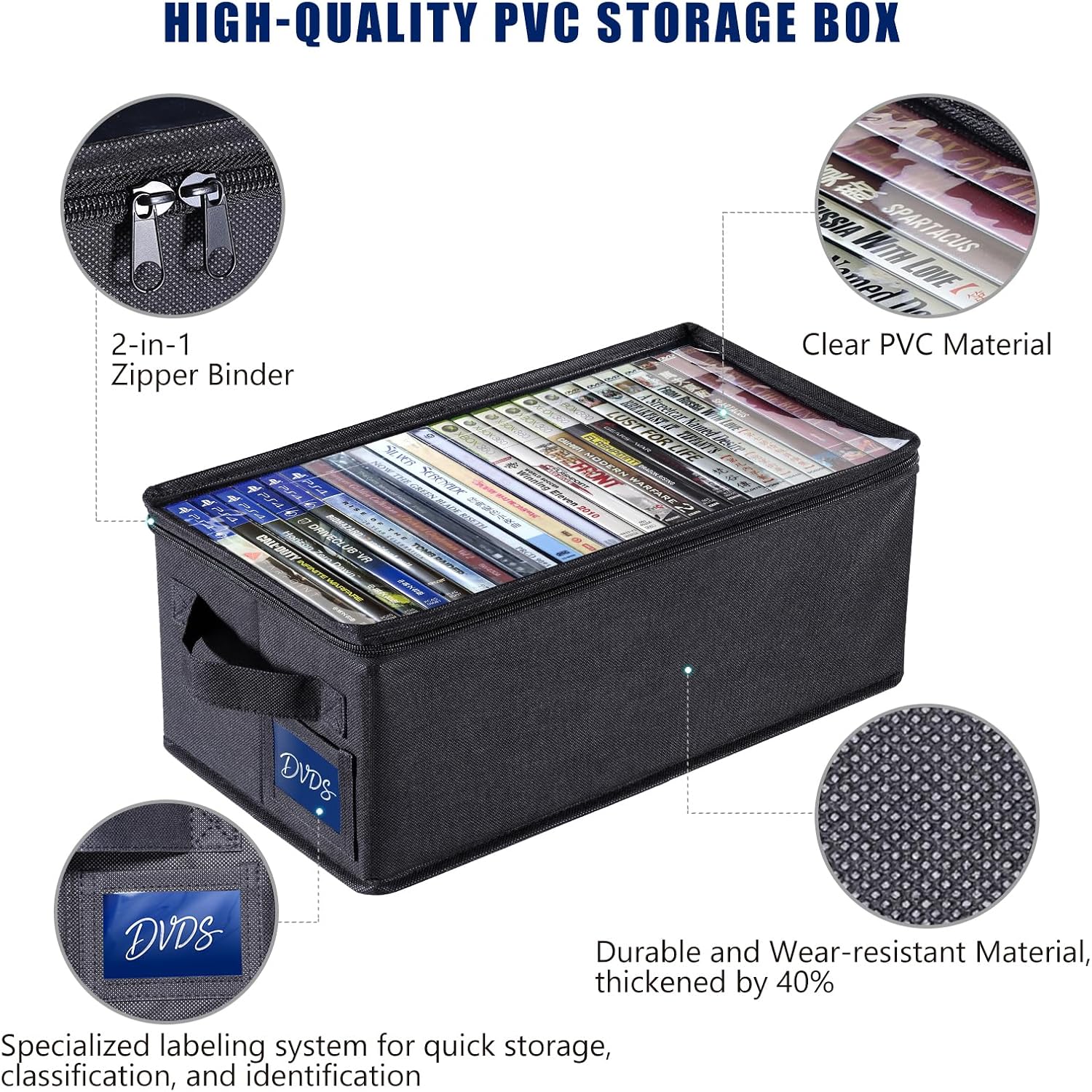 Ccidea Dvd Storage Box With Clear Window - 15.75" Foldable Media Organizer, Premium Zipper Closure, Holds 27+ Dvds, Dustproof Non-Woven Fabric, Reinforced Handles & Label Slot (2)