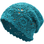 ZLYC Women Cotton Crochet Slouchy Beanie Hat Handmade Knit Summer Skull Cap Solid Peacock Blue