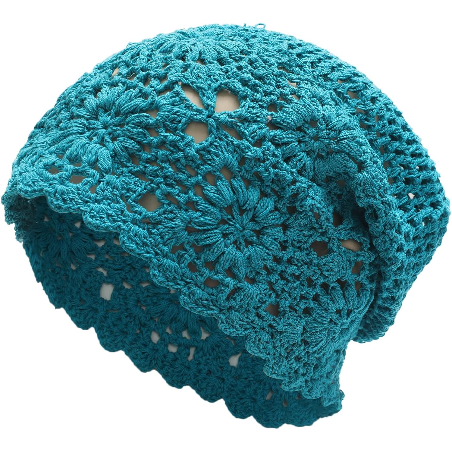ZLYC Women Cotton Crochet Slouchy Beanie Hat Handmade Knit Summer Skull Cap Solid Peacock Blue