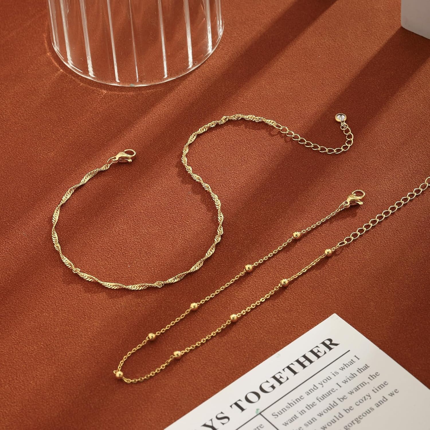 2/3 PCS Gold Anklets for Women Waterproof Cuban Link Anklet Beaded Bracelets Stackable Bracelets 14K Gold Plated Custom Jewelry Gifts Non Tarnish Lightweight