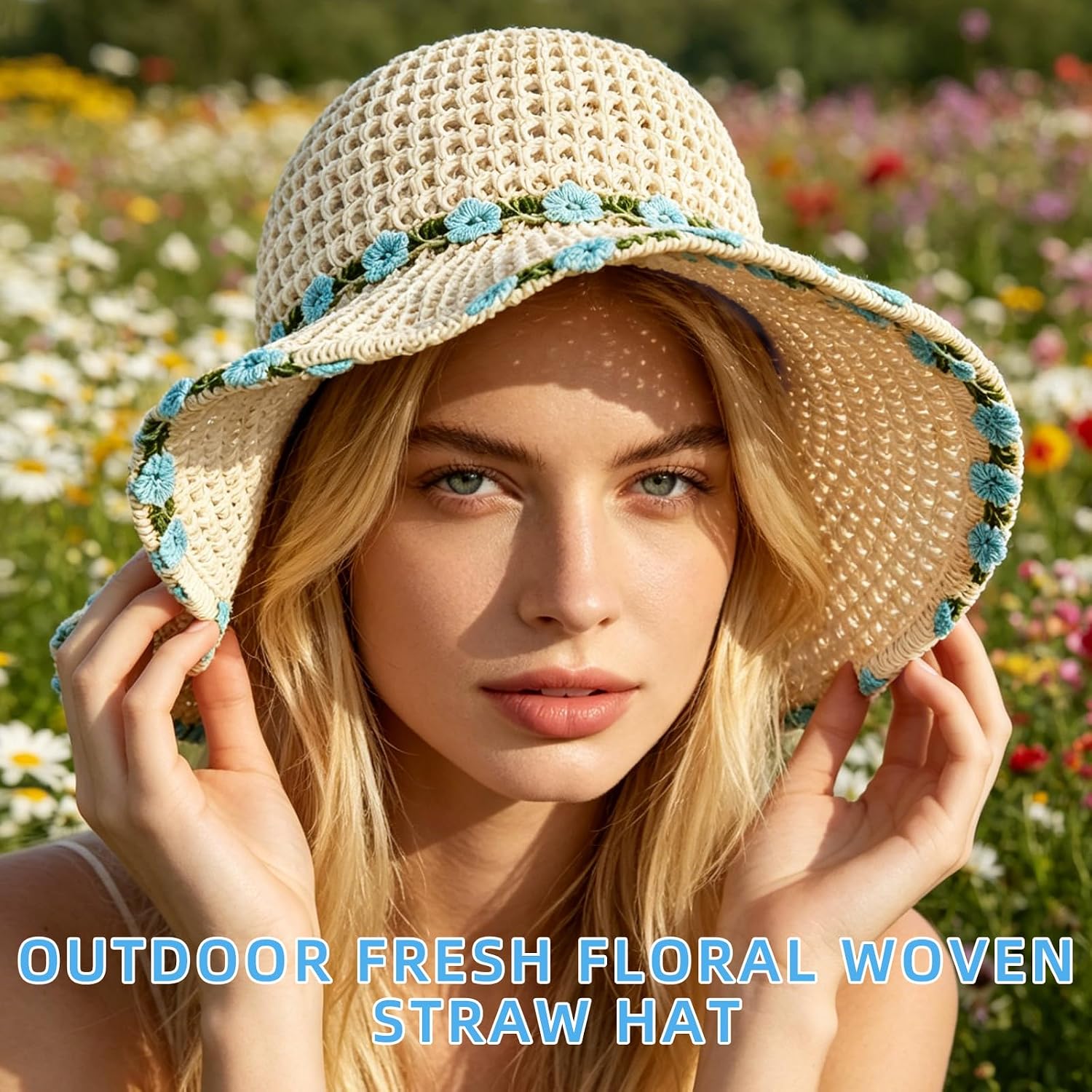Sun Hats For Women Wide Brim Beach Hat Straw Boho Rainbow Beaded Summer Packable Foldable Bucket Hat For Travel