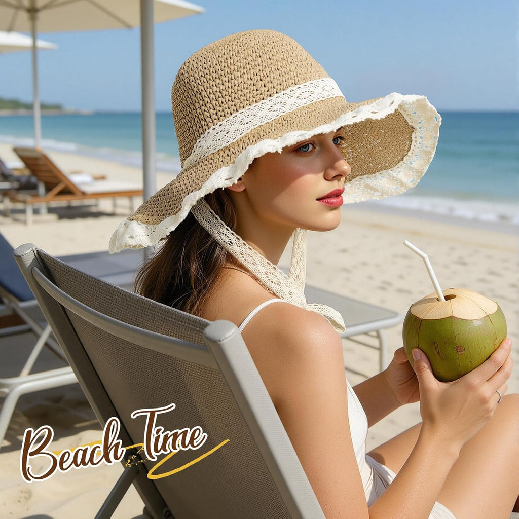 Beach Hats for Women - Beach Hat Womens UPF 50+ Lace Ribbon,Packable Sun Hat Women,Straw Hat for Women 2026
