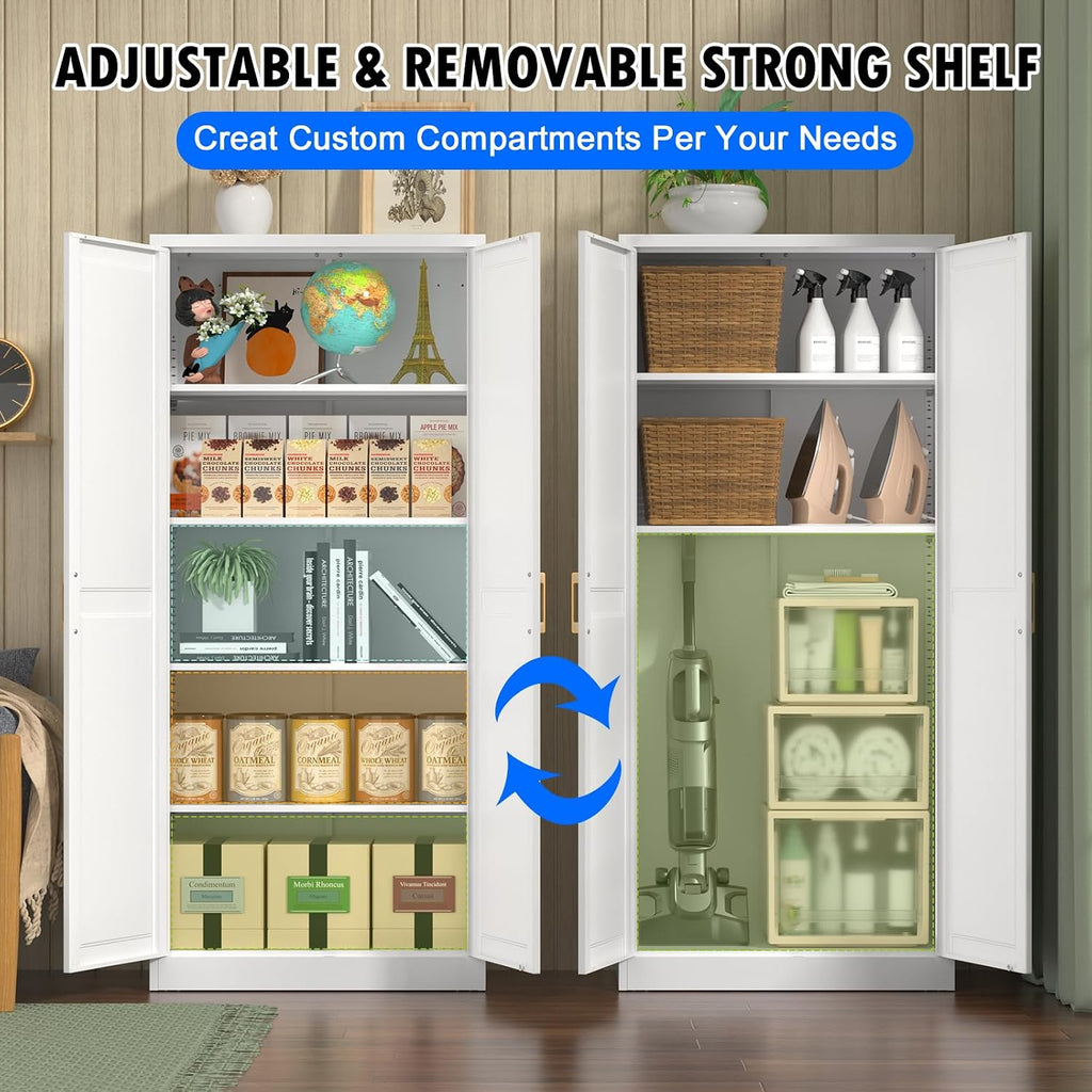 White Kitchen Pantry Cabinet, 71 Inch Tall Metal Storage Cabinet With Doors And Shelves, Pantry Cabinets For Kitchen Storage, Freestanding Cupboard For Living, Dining Room, Assemble Required