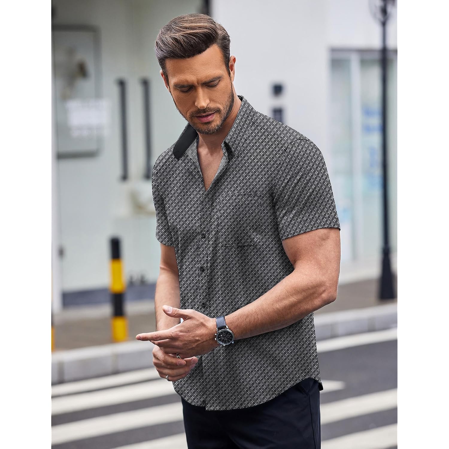 Coofandy Mens Short Sleeve Button Down Shirts Wrinkle Free Dress Shirts Casual Polka Dot Print Shirt With Pocket