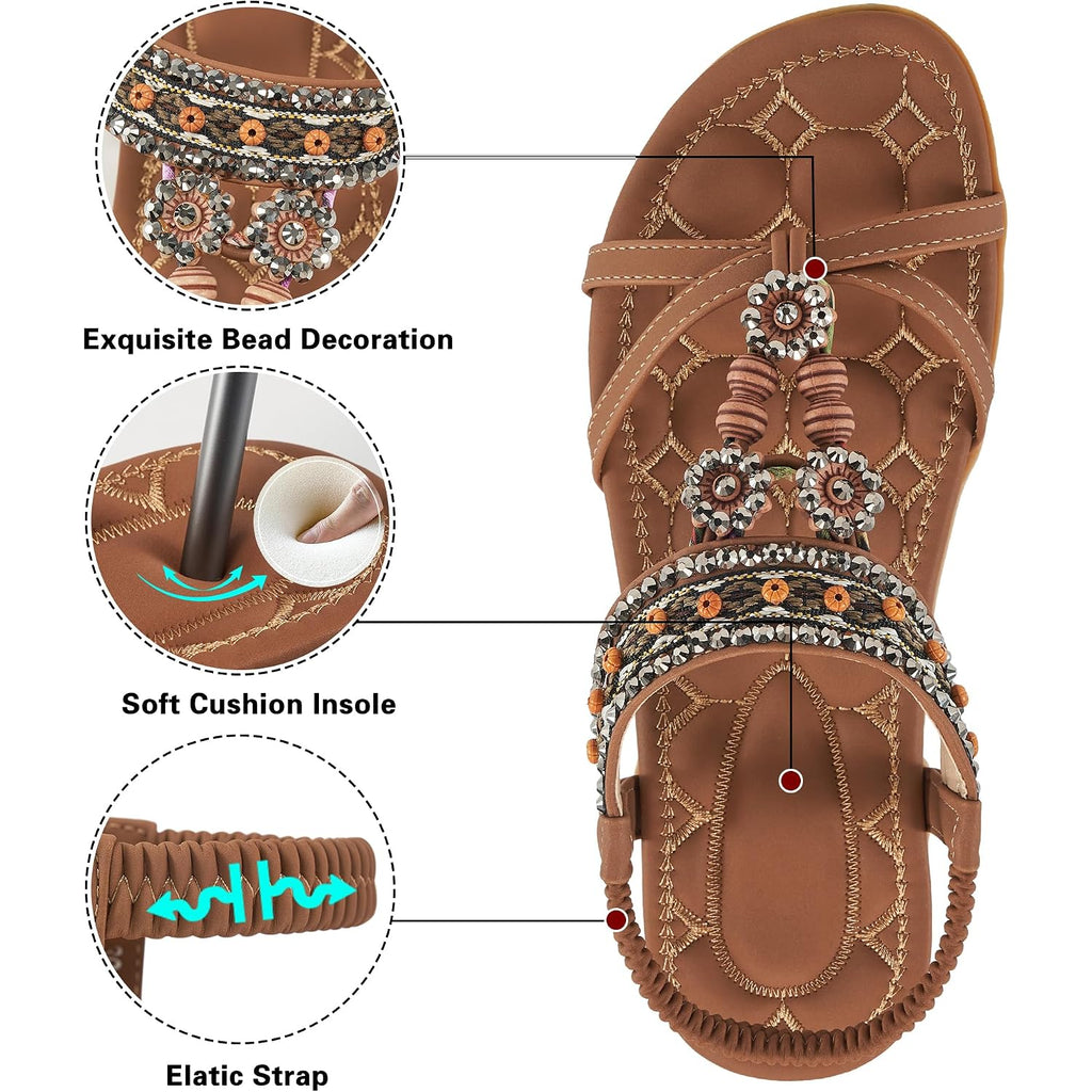 Alicegana Womens Sandals Dressy Summer: Comfortable Bohemian Flats Elastic Ankle Strap Casual Walking Women Shoes Footwear 2026