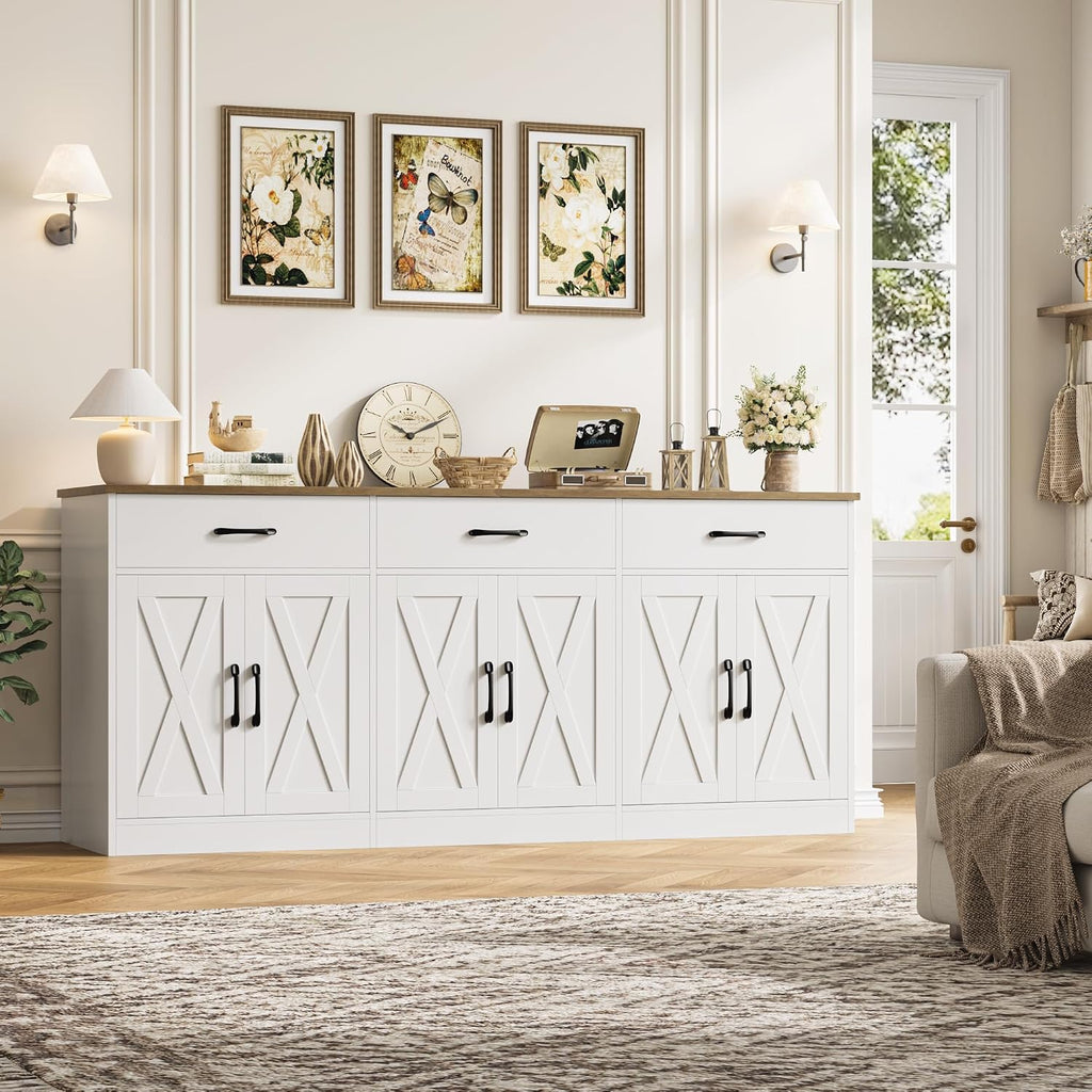 Hostack 71"W Farmhouse Kitchen Sideboard Buffet Cabinet With Storage, White | Large Coffee Bar Cabinet With 3 Wide Drawers, Long Buffet Table With Shelves, Kitchen Storage Cabinet For Dining Room