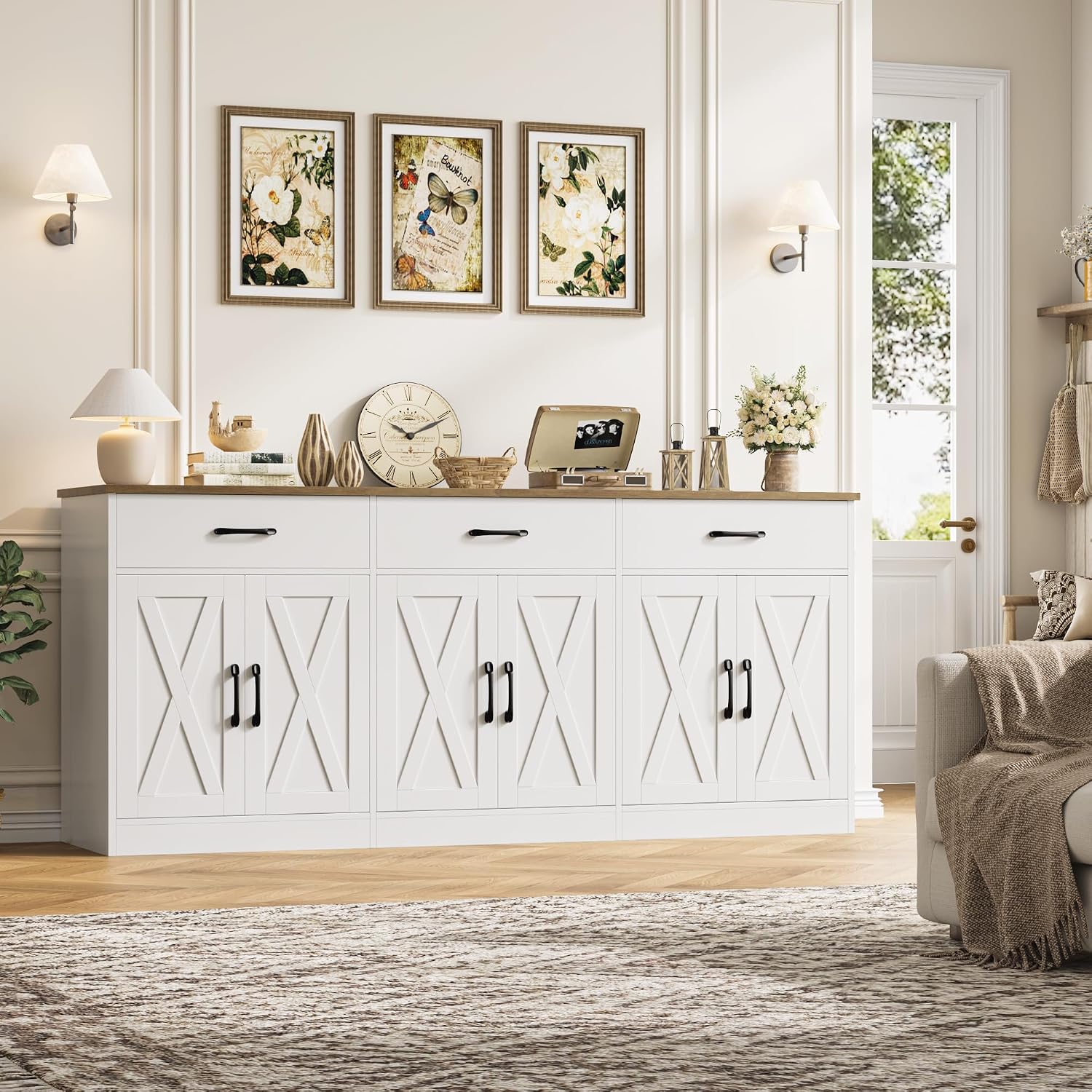 Hostack 71"W Farmhouse Kitchen Sideboard Buffet Cabinet With Storage, White | Large Coffee Bar Cabinet With 3 Wide Drawers, Long Buffet Table With Shelves, Kitchen Storage Cabinet For Dining Room