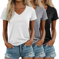 3 Pack Women's V Neck T Shirts, Summer Casual Short Sleeve Tops Loose Fit Rolled Sleeve Tees Trendy Shirts